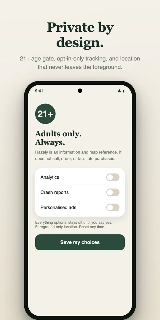 Privacy settings screen with consent toggles.